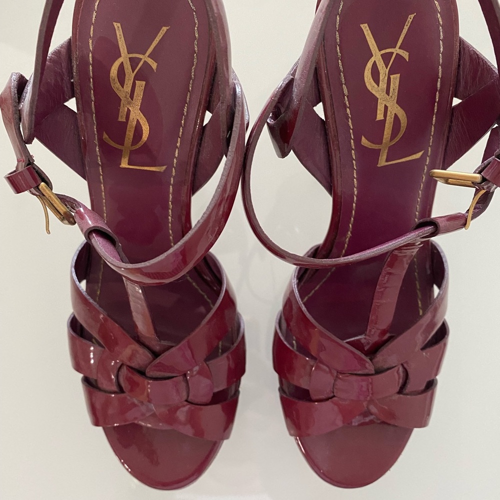 Magenta patent leather ysl tribute sandals